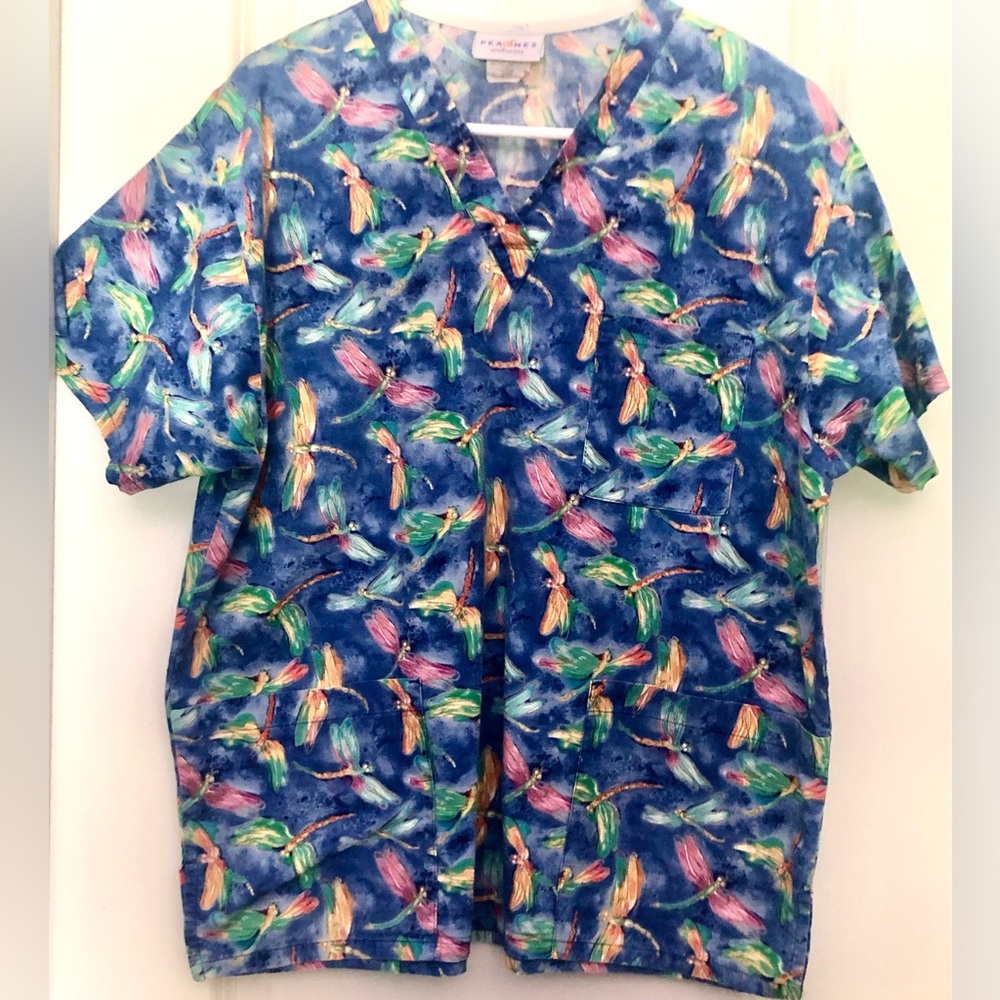Peaches Uniforms Blue Tropical Dragonfly Print V-Neck Scrub Top~M~